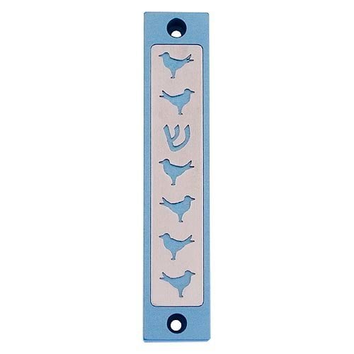 Agayof Mezuzah Case, Six Doves and Shin in Light Colors - 4 Inches Height
