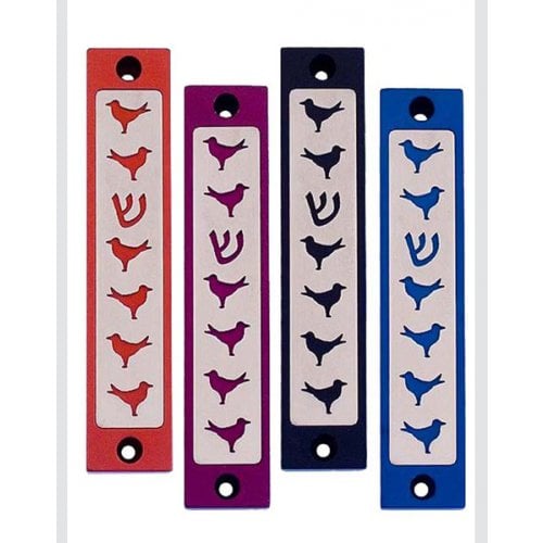 Agayof Mezuzah case, Six Doves and Shin in Dark Colors - 4 Inches Height