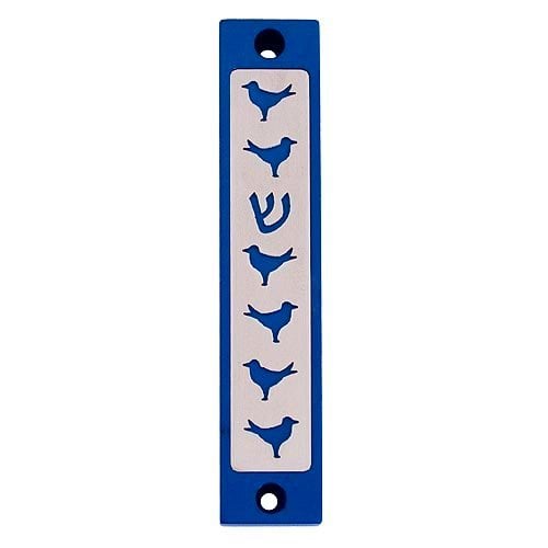 Agayof Mezuzah case, Six Doves and Shin in Dark Colors - 4 Inches Height
