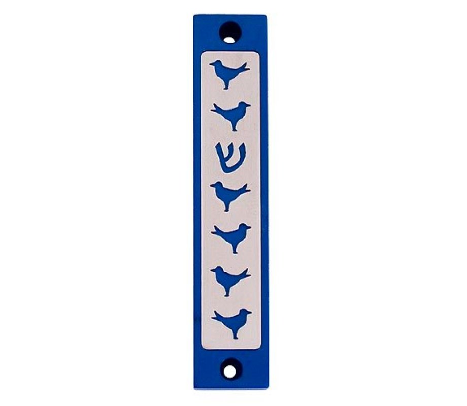 Agayof Mezuzah case, Six Doves and Shin in Dark Colors - 4 Inches Height