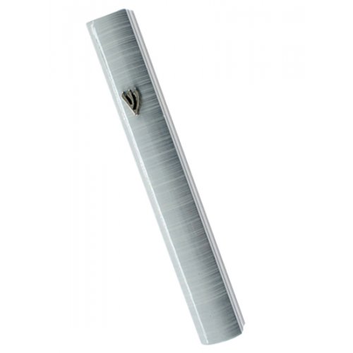 Aluminum Semi-Rounded Mezuzah Case, Metallic Silver-Gray and White Stripes