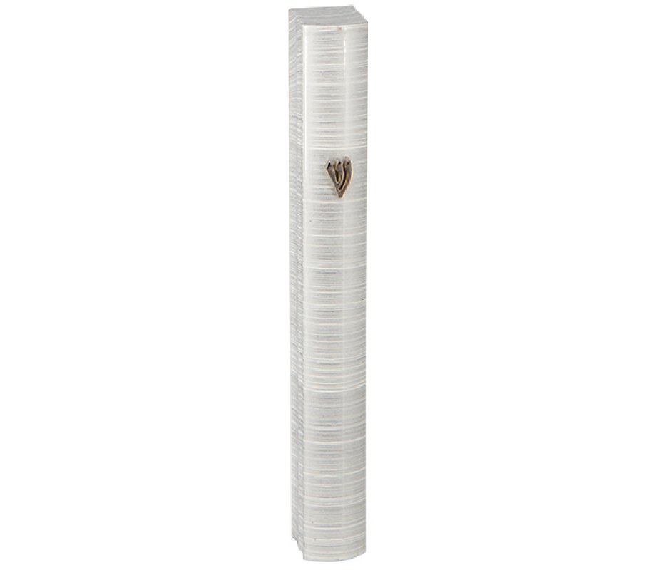 Aluminum Semi-Rounded Mezuzah Case, Metallic Silver-Gray and White Stripes