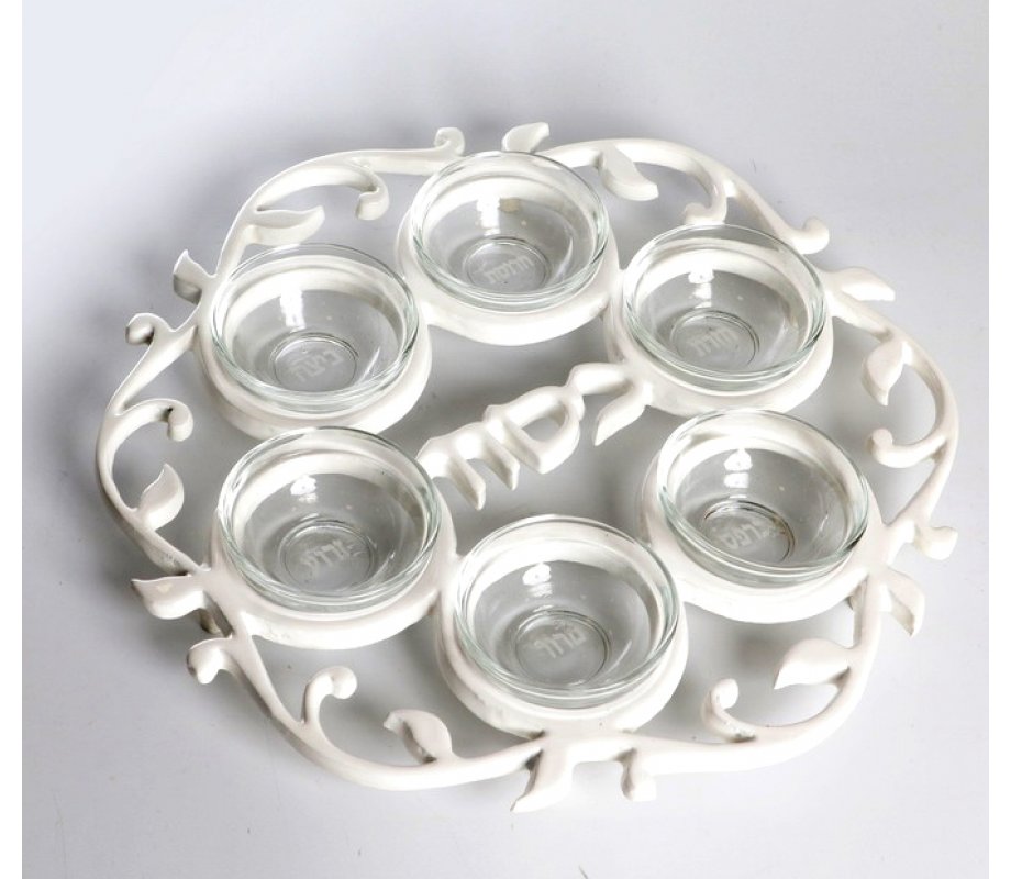 Aluminum White Enamel Seder Plate with Glass Bowls