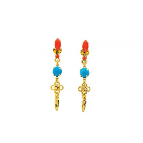 Amaro Dangle Earrings - Gold Plate, Semi-Precious Gems Turquoise & Fiery Orange