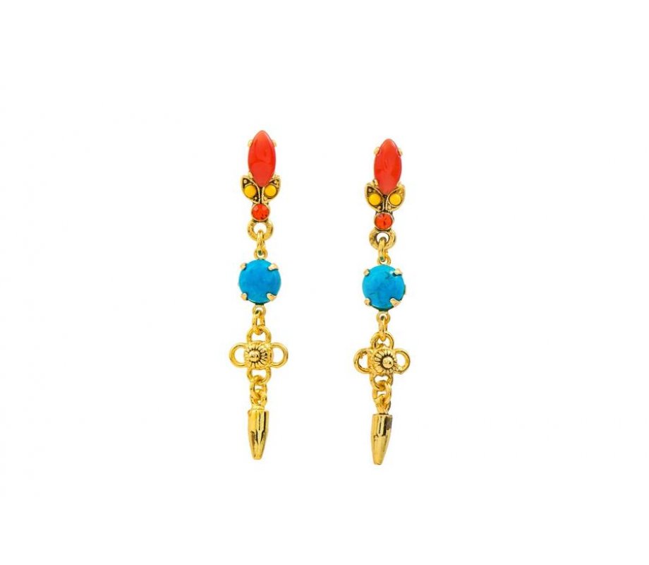 Amaro Dangle Earrings - Gold Plate, Semi-Precious Gems Turquoise & Fiery Orange