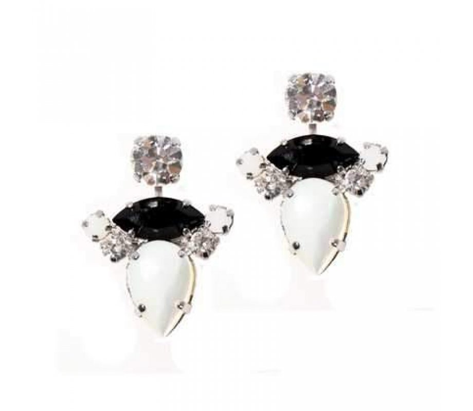 Amaro, Dramatic Black and White Earrings with Semi Precious Stones and Crystals