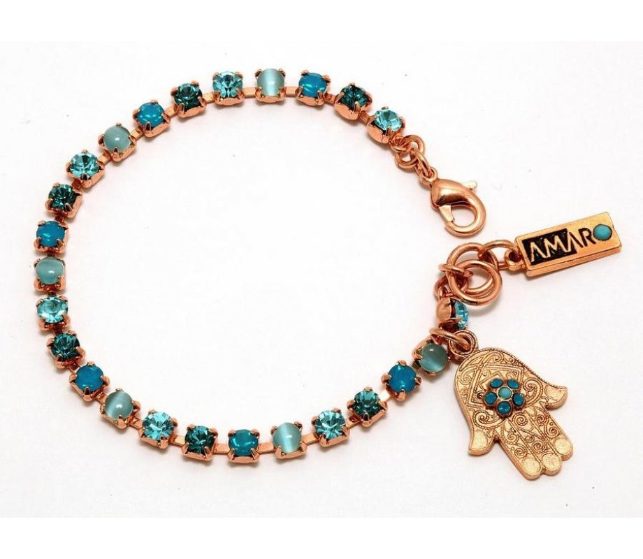 Amaro Handcrafted Bracelet – Small Blue Square Stones with Blue Palm Hamsa