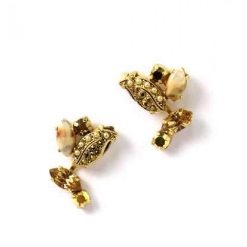 Amaro Handcrafted Earrings, Gold Leaf with Swarovski Crystals and More Gems