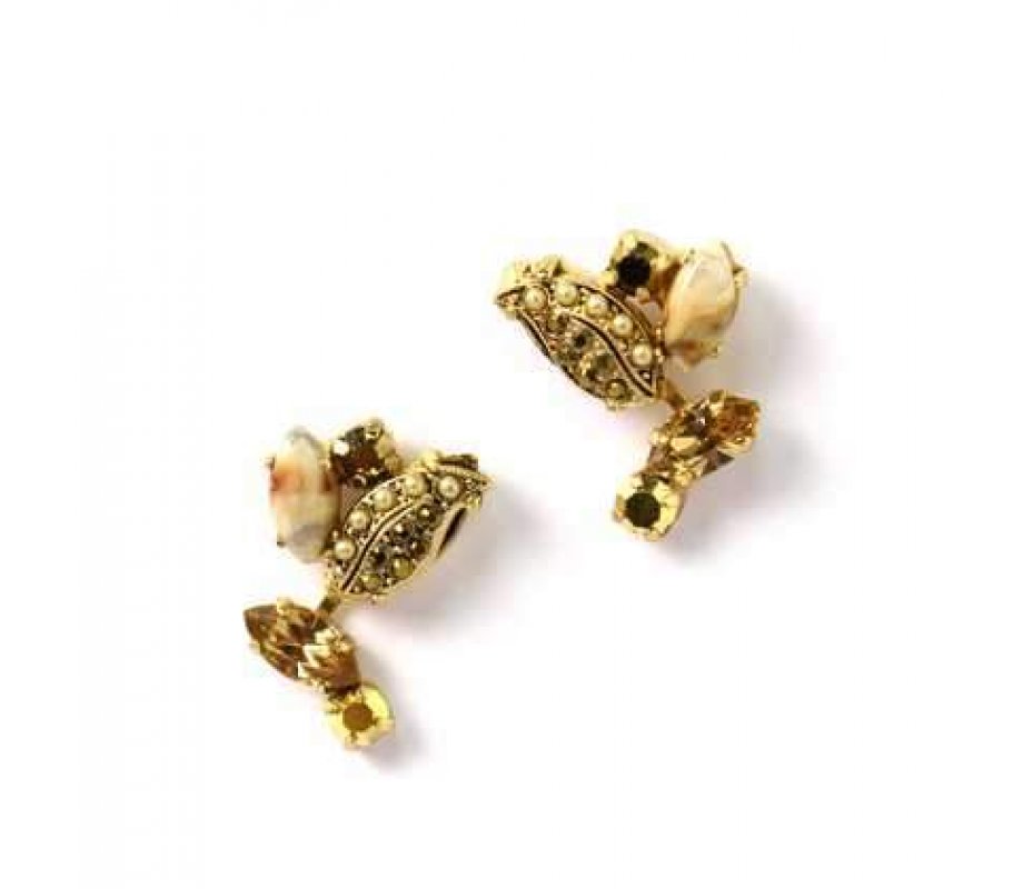 Amaro Handcrafted Earrings, Gold Leaf with Swarovski Crystals and More Gems