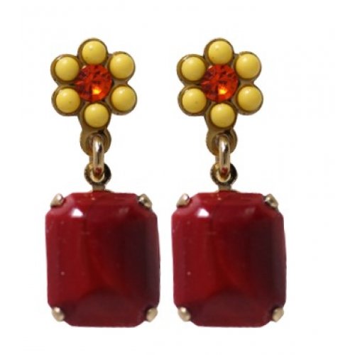 Amaro Handcrafted Flower Pot Post Earrings , Ruby Red and Gold