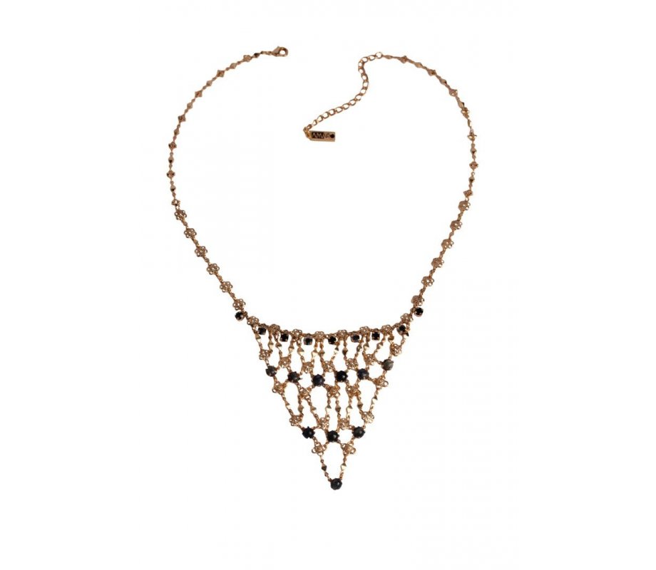 Amaro Handmade Necklace, Semi-Precious Black Gems in Flower Lace Collar Design