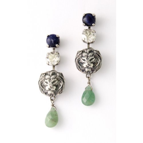 Amaro Lion of Judah Dangle Earrings with Semi Precious Green and Blue Gemstones