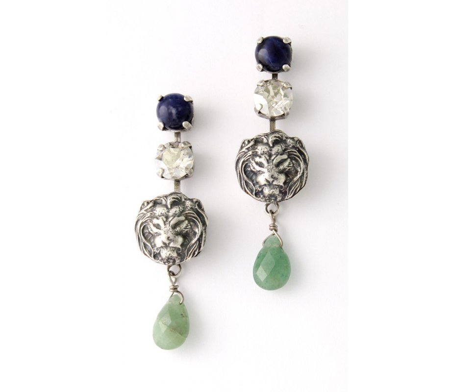 Amaro Lion of Judah Dangle Earrings with Semi Precious Green and Blue Gemstones