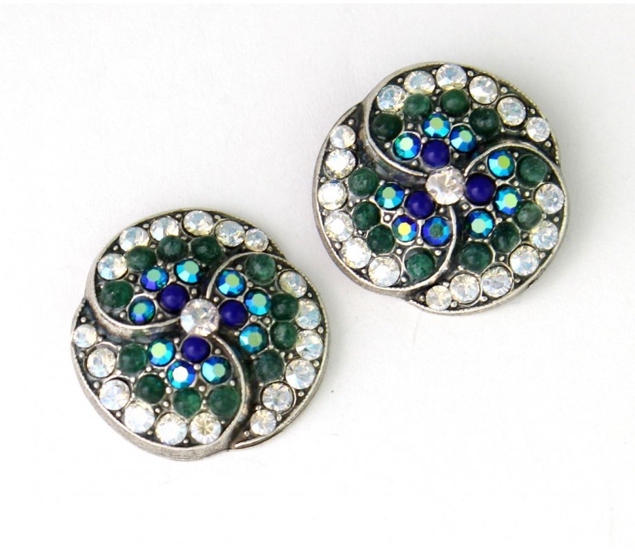Amaro, Spiral Small Earrings with Blue Green and Crystal Semi Precious Stones
