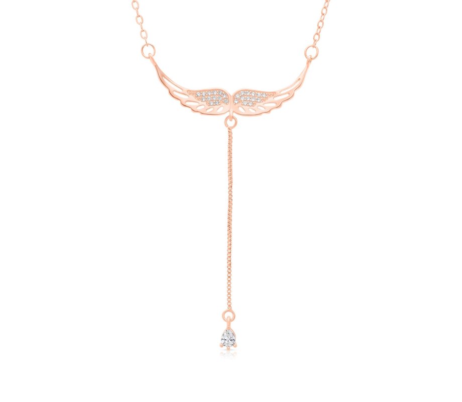Angels Wings Lariat Pendant Necklace with Zircons, Yellow Gold or Rose Gold
