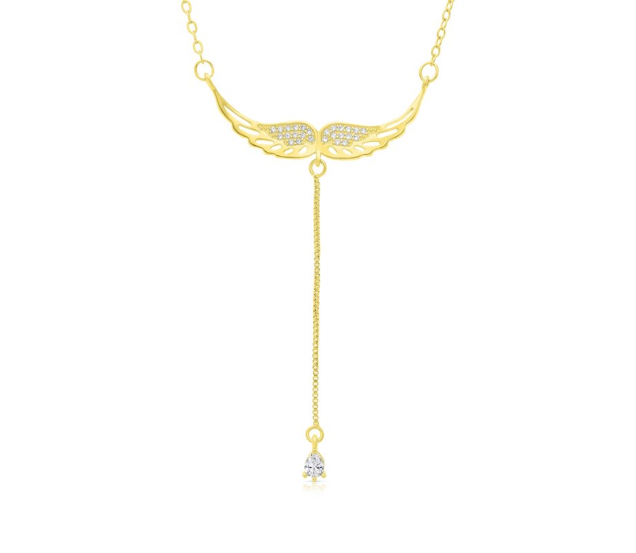 Angels Wings Lariat Pendant Necklace with Zircons, Yellow Gold or Rose Gold