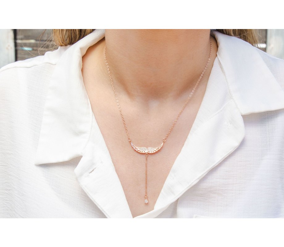 Angels Wings Lariat Pendant Necklace with Zircons, Yellow Gold or Rose Gold