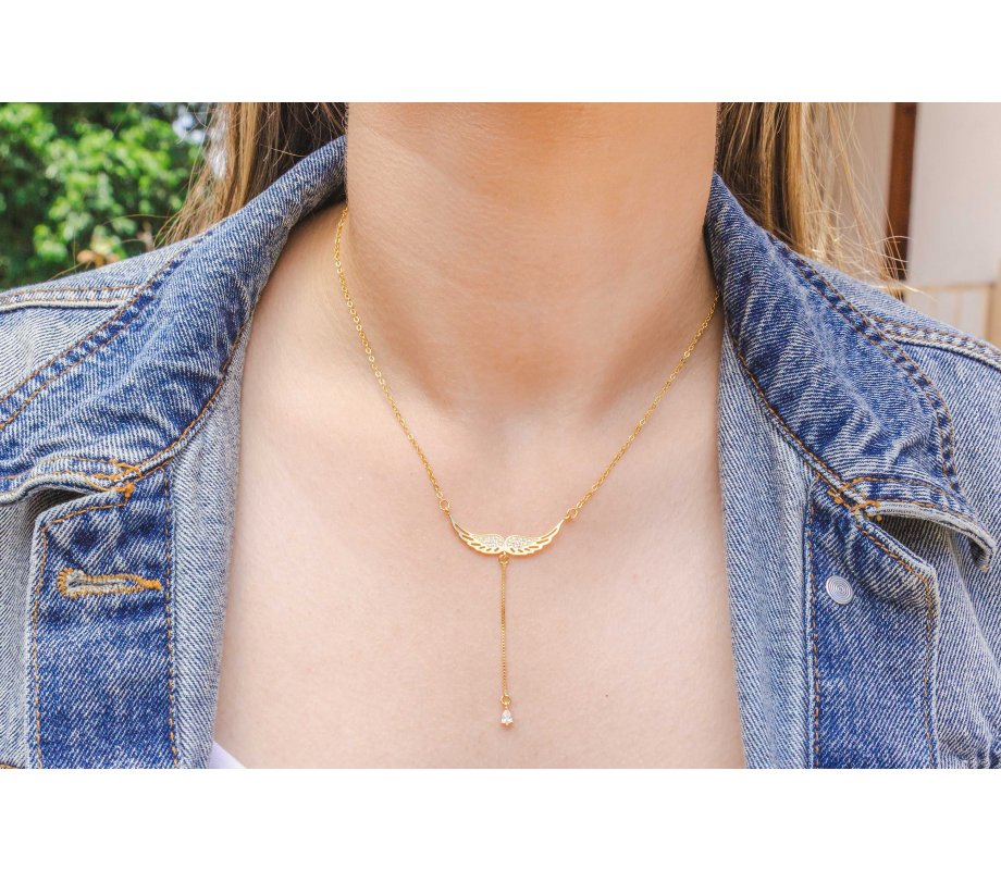 Angels Wings Lariat Pendant Necklace with Zircons, Yellow Gold or Rose Gold