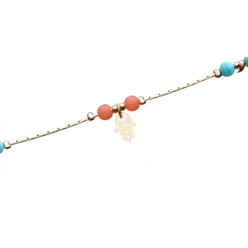 Anklet, Gold Rhodium with Blue and Orange Beads and Hamsa