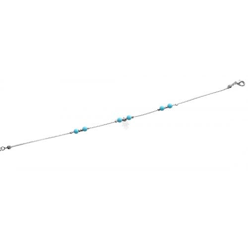 Anklet, Rhodium Silver Chain with Blue Beads and Hamsa