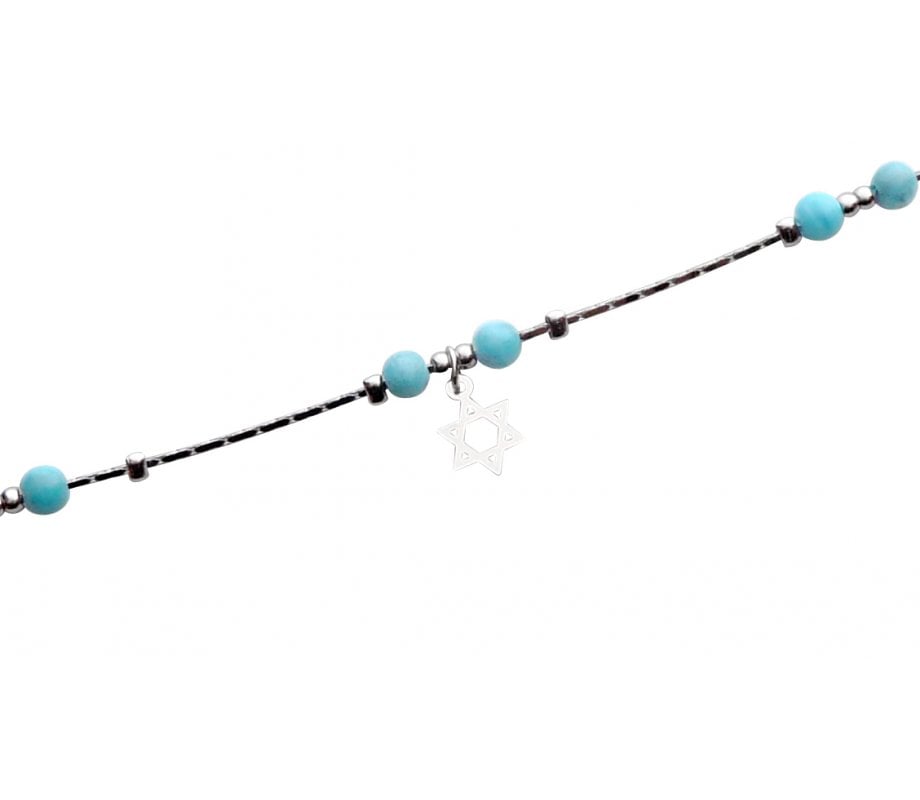 Anklet, Silver Rhodium with Blue Beads and Silver Star of David