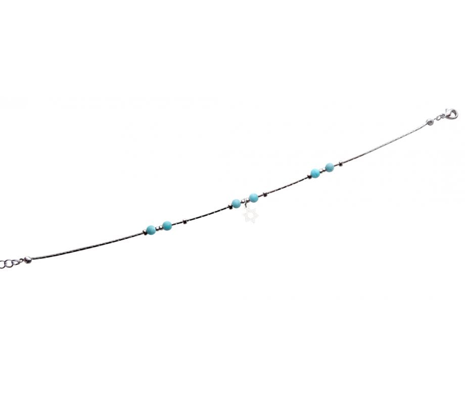 Anklet, Silver Rhodium with Blue Beads and Silver Star of David