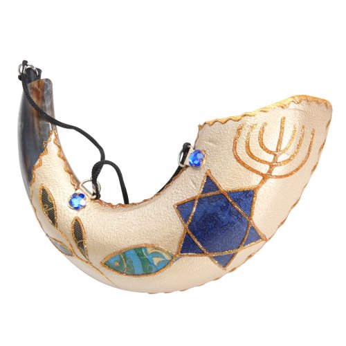 Anointing Painted Ram's Horn Shofar - Fish Design