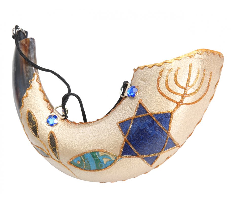 Anointing Painted Ram's Horn Shofar Fish Design