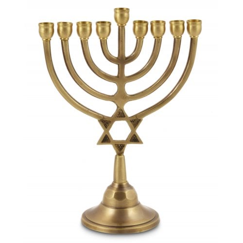 Antique Gold Classic Chanukah Menorah with Star of David, For Candles - 9 Inches