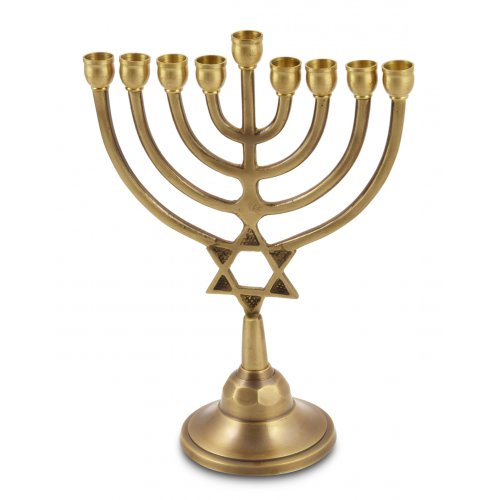 Antique Gold Classic Chanukah Menorah with Star of David, For Candles - 9 Inches