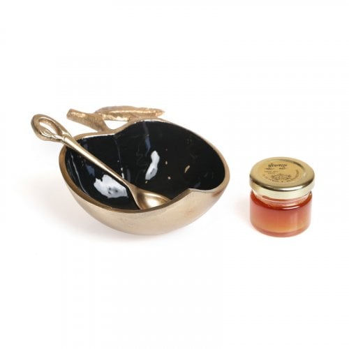 Apple Shape Gold Rim Honey Dish with Spoon - Black