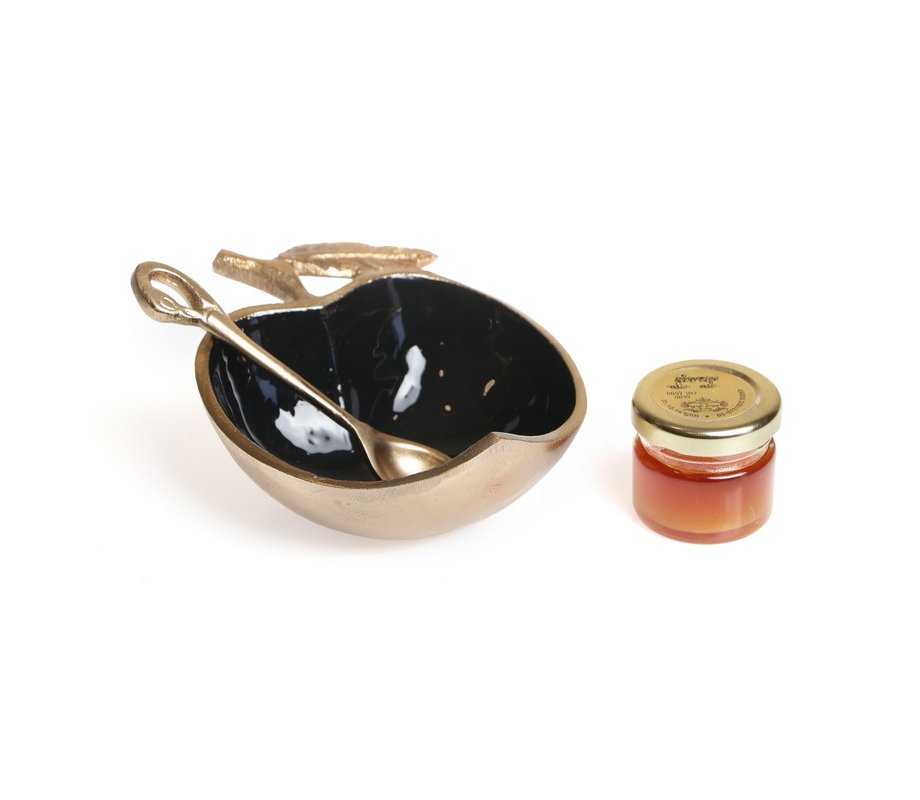 Apple Shape Gold Rim Honey Dish with Spoon - Black