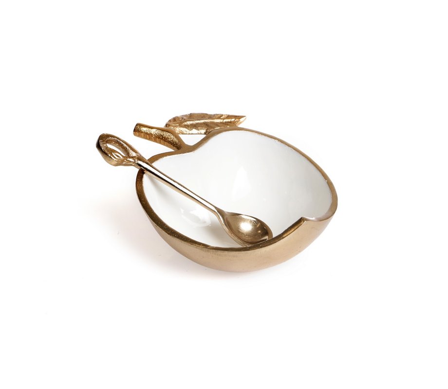 Apple Shape Gold Rim Honey Dish with Spoon - White