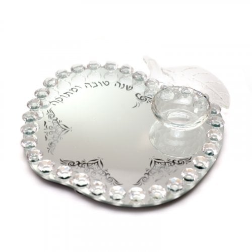 Apple Shaped Crystal Glass Tray with Honey Dish for Rosh Hashanah