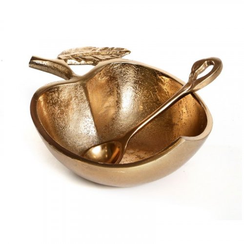 Apple Shaped Gold Honey Dish with Decorative Leaf and Spoon - Aluminum