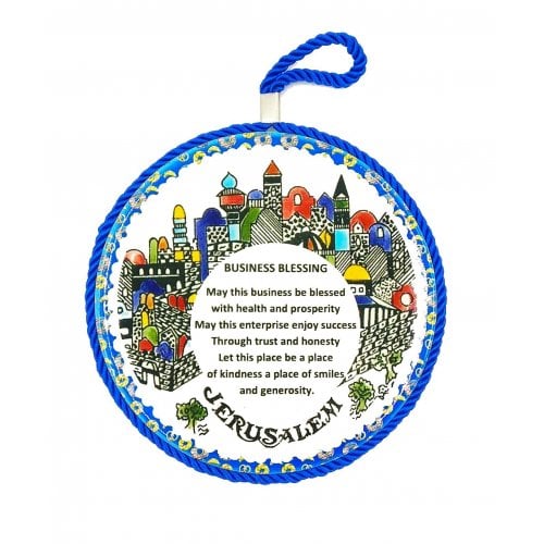 Armenian Art Wall Plaque with Jerusalem Images and Business Blessing in English
