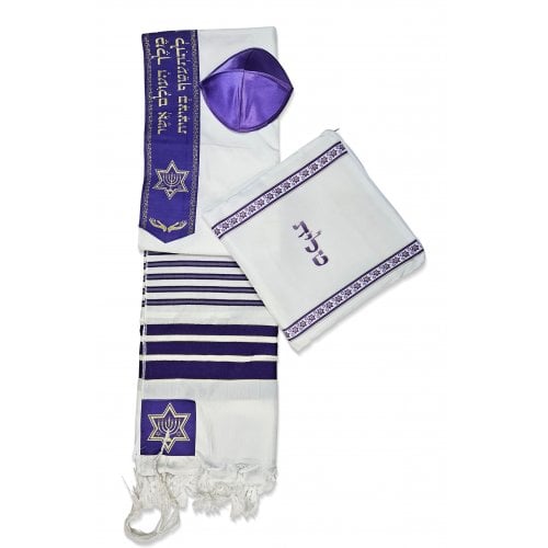 Ateret, Acrylic Purple Tallit Set, Menorah & Star of David Motif, Gold Neckpiece