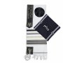 Ateret Acrylic Tallit Set, Menorah Motif and Bible Words - Black and Gold Stripes