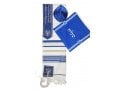 Ateret Acrylic Tallit Set, Menorah Motif and Bible Words - Blue and Gold Stripes