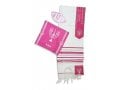 Ateret Acrylic Tallit Set, Menorah Motif and Bible Words  Pink and Gold Stripes