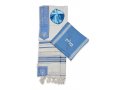 Ateret Acrylic Tallit Set, Menorah Motif and Bible Words  Powder Blue and Silver Stripes