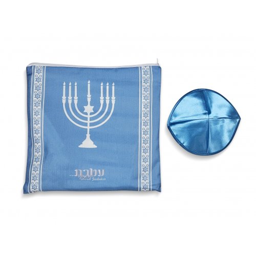 Ateret Acrylic Tallit Set, Menorah Motif and Bible Words  Powder Blue and Silver Stripes