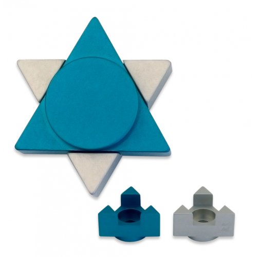 Avner Agayof Anodized Aluminum Travel Shabbat Candlesticks, Star Of David - Teal