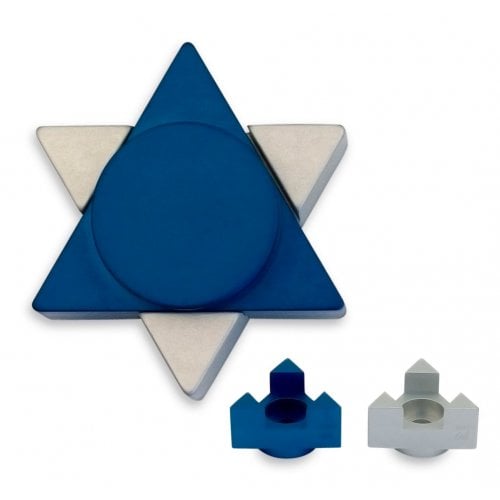 Avner Agayof Anodized Aluminum Travel Shabbat Candlesticks, Star of David - Blue