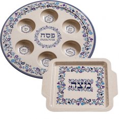 Bamboo Passover Seder Plate and Matzah Tray Set - Blue and White Floral Design