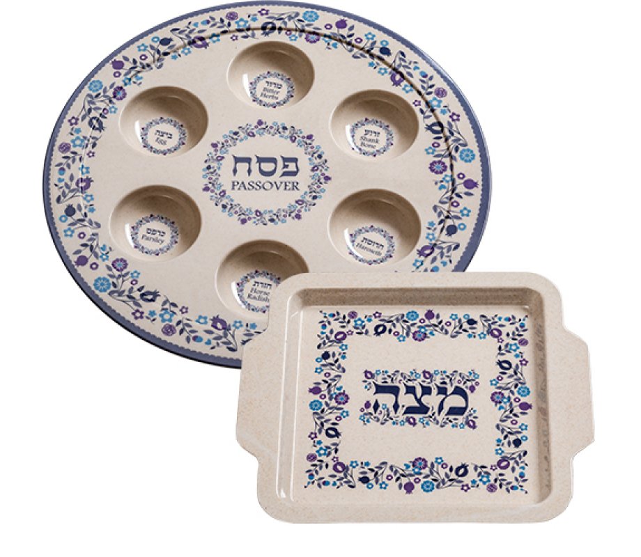 Bamboo Passover Seder Plate and Matzah Tray Set - Blue and White Floral Design