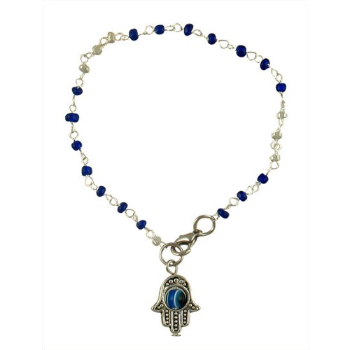 Beaded Kabbalah Bracelet with Decorative Hamsa Charm - Dark Blue
