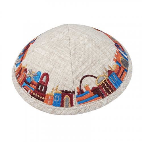 Beige Cloth Kippah with Attached Clip and Colorful Embroidered Jerusalem Design