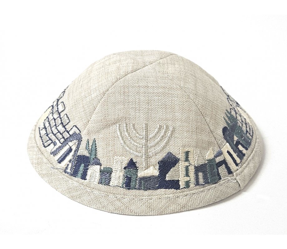 Beige Cloth Kippah with Attached Clip and Embroidered Jerusalem Design