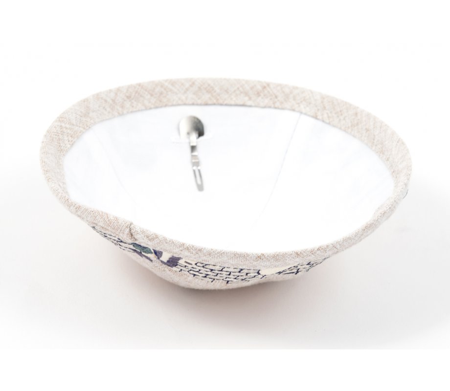 Beige Cloth Kippah with Attached Clip and Embroidered Jerusalem Design